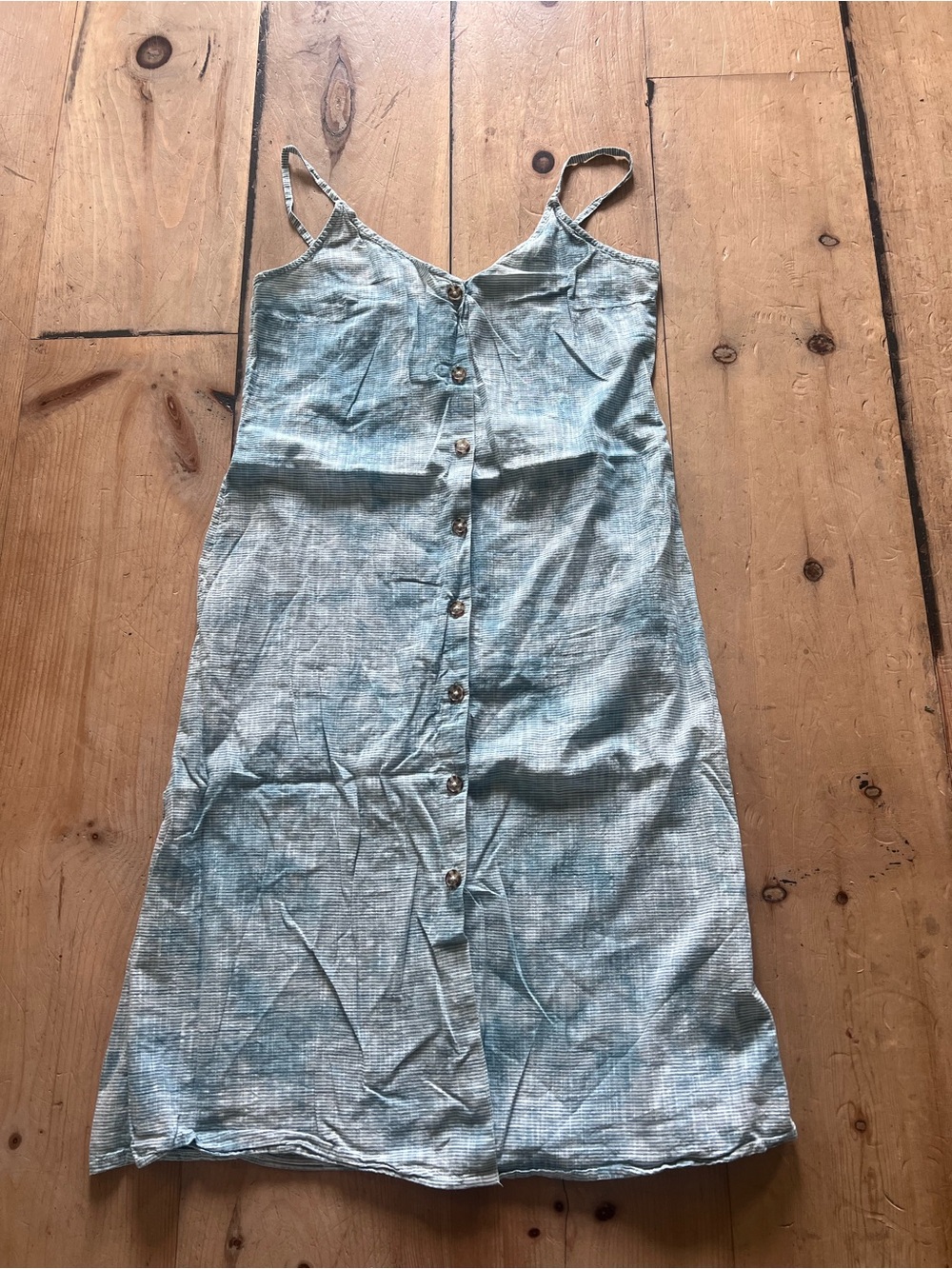 Roxy Light Blue Button-Front Spaghetti Strap Midi Dress